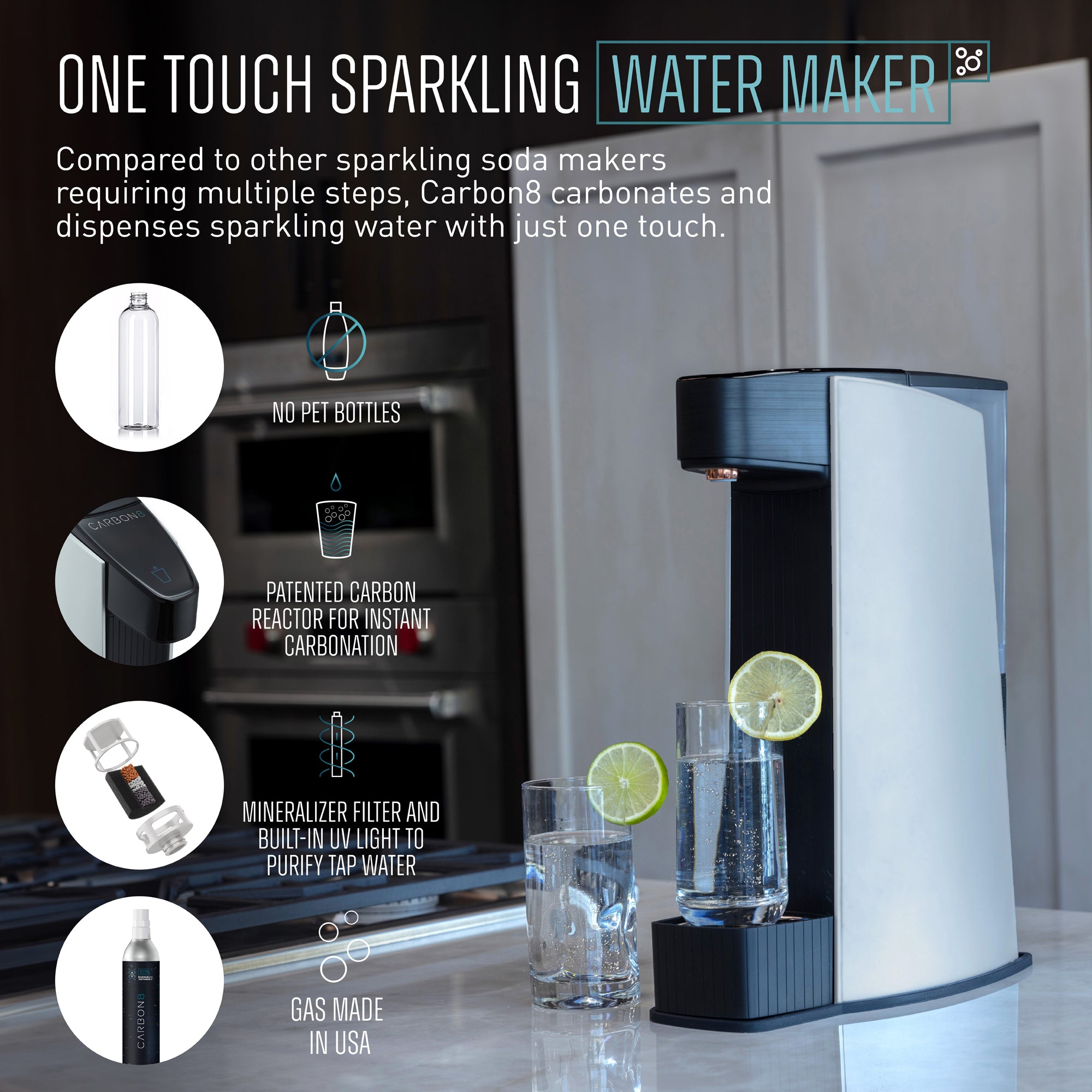 Carbon8 Kit - One Touch Sparkling Water Maker + Filter & Lemon8 + Co2 Cylinder