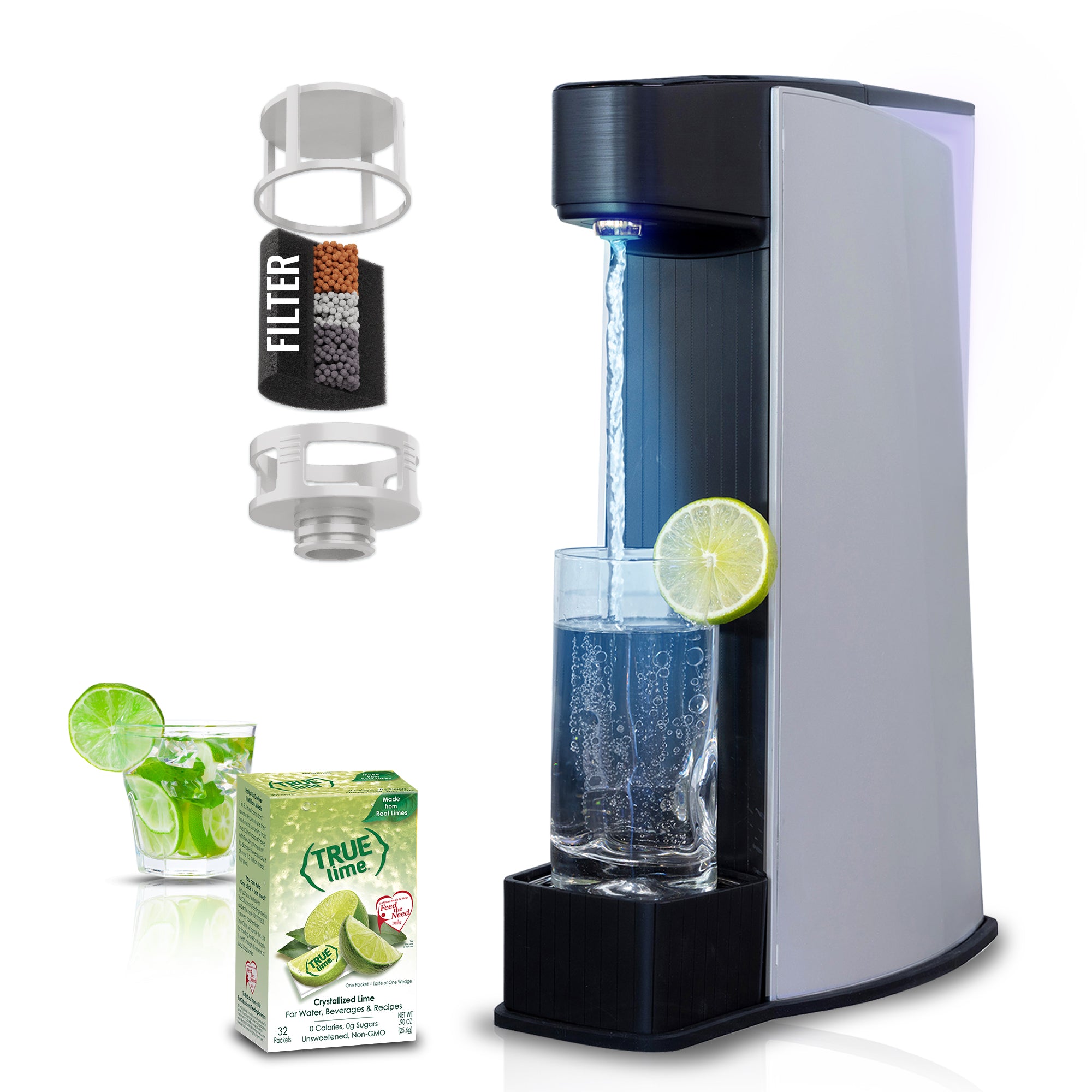 Carbon8 - One Touch Sparkling Water Maker + Filter & Lemon8 - Silver