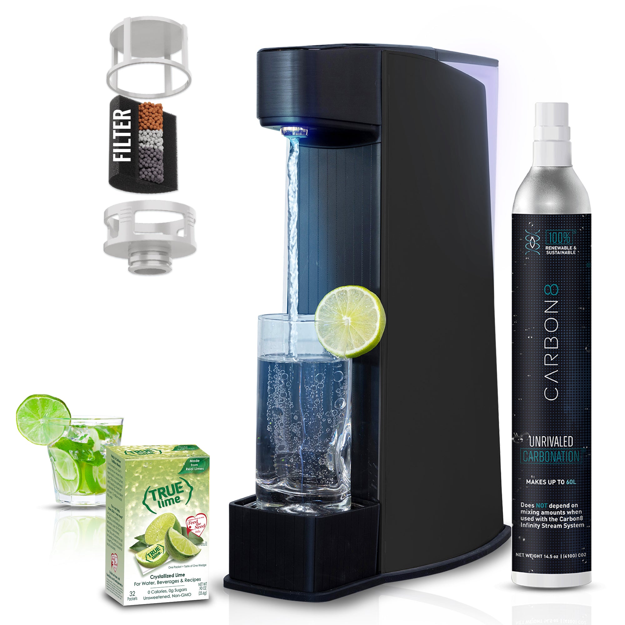 Carbon8 Kit - One Touch Sparkling Water Maker + Filter & Lemon8 + Co2 Cylinder
