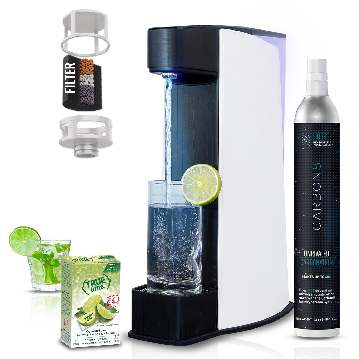 Carbon8 Kit - One Touch Sparkling Water Maker + Filter & Lemon8 + Co2 Cylinder - Black